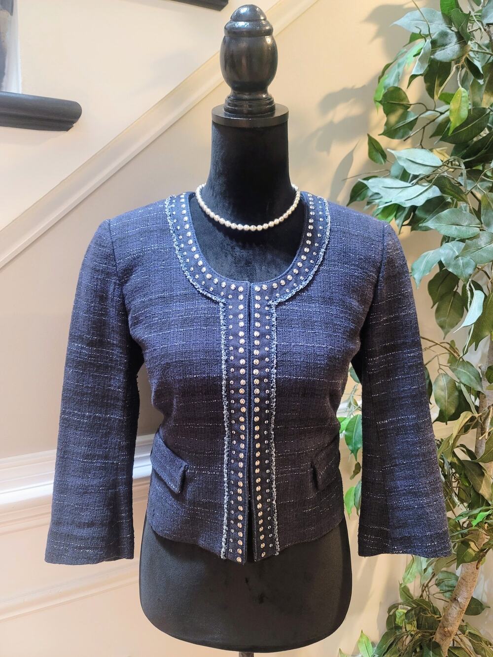 Loft Ann Taylor Blazer Jacket Women's SZ 8 Navy Blue Studded Frayed Faux Pockets